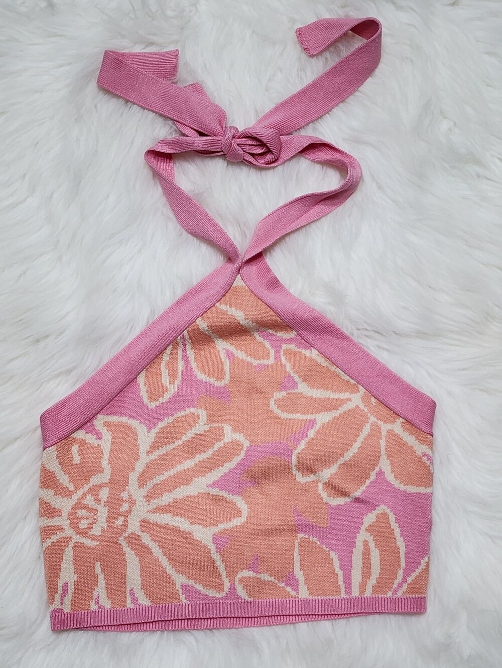 MABLE Pink Orange Floral Knit Bandana Halter Top L Anthropologie